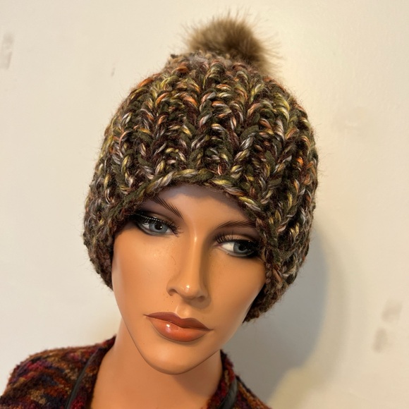 Chunky Knit Multicolor Beanie with Pom Pom